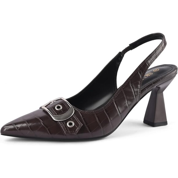 Burgundy Women Slingback Kitten Heels Pointed Toe Pumps Shoes with Buckle Strap - Picture 1 of 8